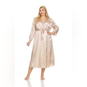 NWT Stella Long Satin Robe, by Flora Nikrooz, Almond Color, Size Plus 3X